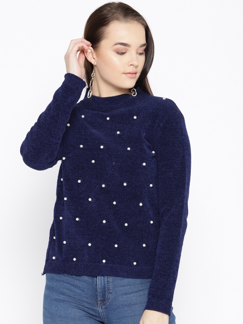 

Taanz Women Blue Solid Beaded Sweater, Navy blue