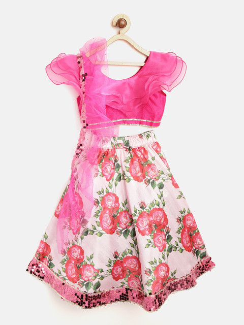 

pspeaches Girls Pink & Green Ruffled Ready to Wear Lehenga & Blouse with Dupatta