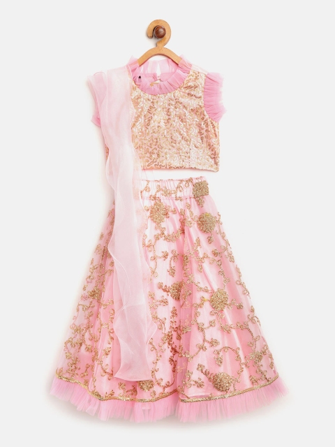 

pspeaches Girls Pink & Golden Sequinned Ready to Wear Lehenga & Blouse with Dupatta