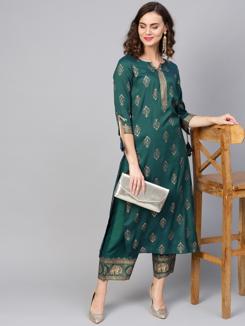 

La Firangi Women Green & Golden Printed Kurta with Palazzos