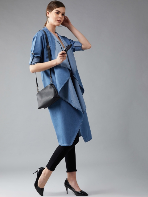 

DOLCE CRUDO Women Blue Solid Waterfall Denim Shrug