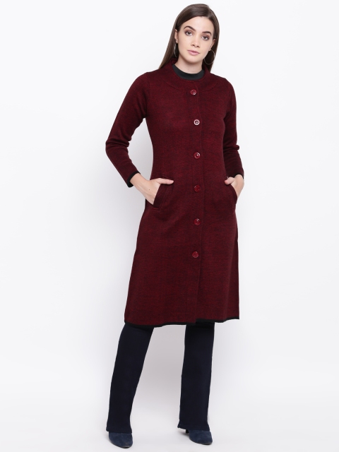 

Cayman Women Maroon & Black Self-Striped Overcoat