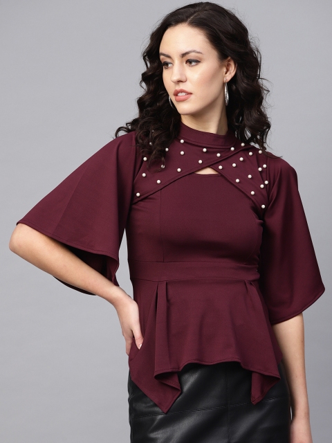 

Purple Feather Women Burgundy Solid Empire Top