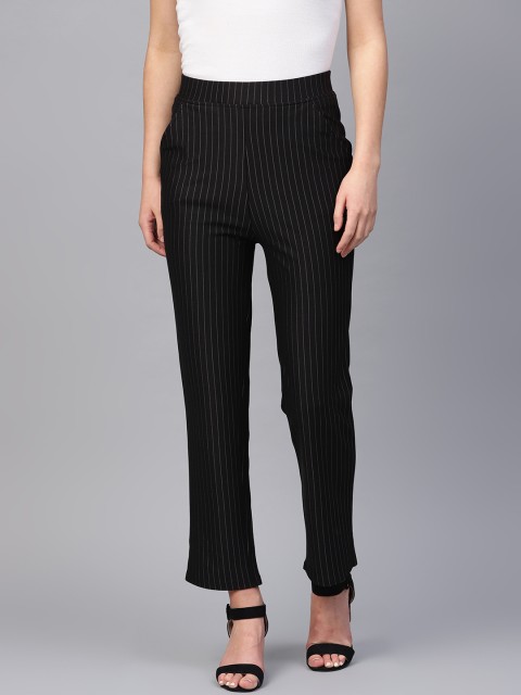 

Purple Feather Women Black & Grey Slim Fit Striped Regular Trousers