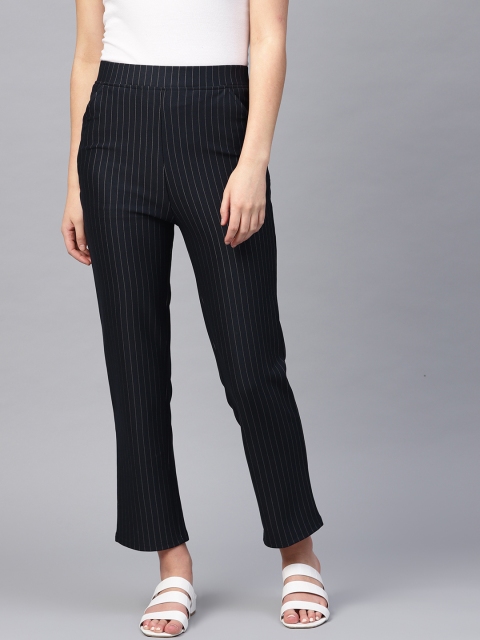 

Purple Feather Women Navy Blue & Grey Slim Fit Striped Regular Trousers