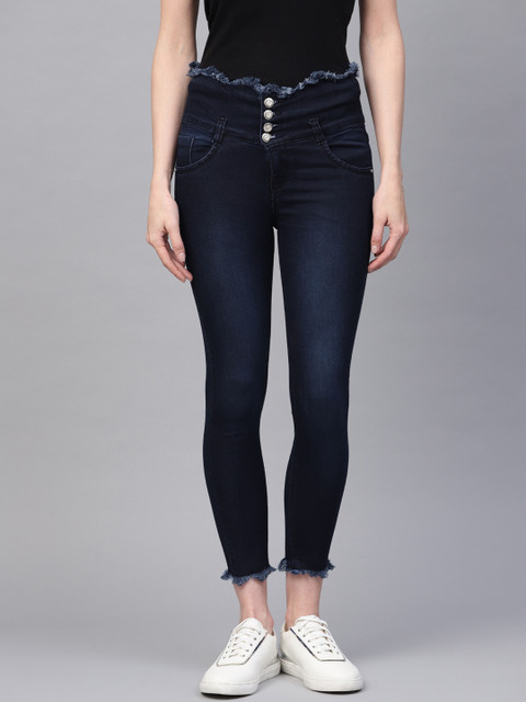 

Purple Feather Women Navy Blue Skinny Fit High-Rise Clean Look Cropped Stretchable Jeans