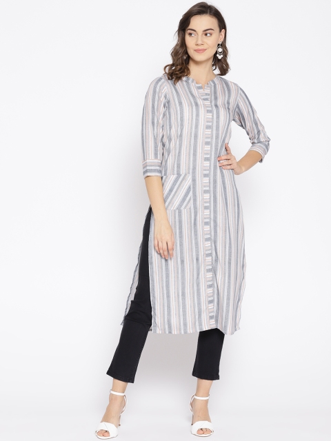 

Raano Women White & Navy Striped Straight Kurta