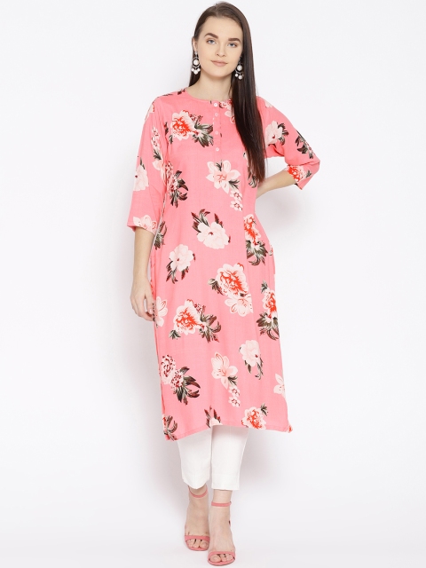 

Raano Women Pink & Off-White Floral Printed Straight Kurta
