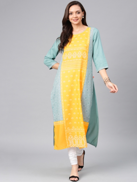 

Alena Women Turquoise Blue & Yellow Printed Straight Kurta