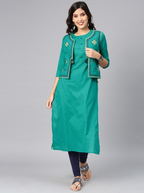 

Alena Women Teal Green Solid Straight Kurta With Ethnic Jacket