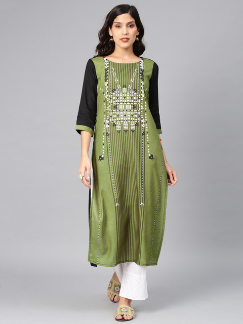 

Alena Women Green & Black Printed Straight Kurta