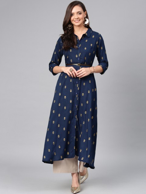

Alena Women Navy Blue Printed Asymmetric Hemline A-Line Kurta