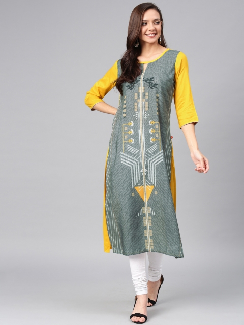 

Alena Women Charcoal Grey & Mustard Printed Straight Kurta