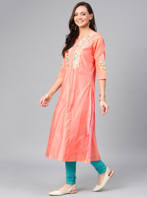 

Alena Women Peach-Coloured Floral Embroidered Straight Kurta