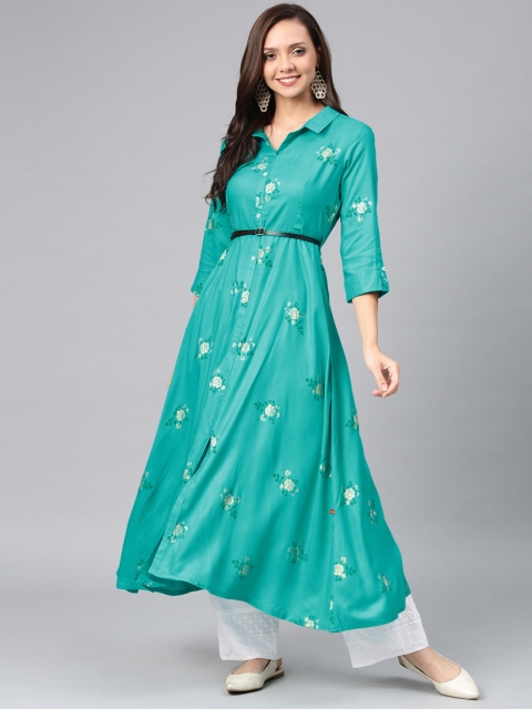 

Alena Women Turquoise Blue & Golden Floral Printed A-Line Kurta