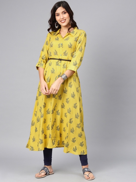 

Alena Women Mustard Yellow & Navy Blue Printed A-Line Kurta