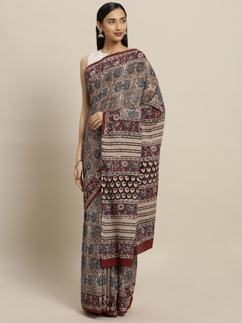 

Mitera Beige Pure Cotton Printed Bagru Saree