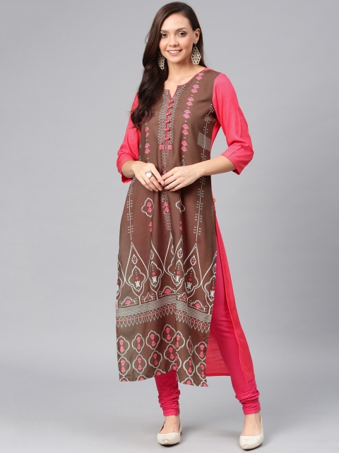 

Alena Women Brown & Coral Pink Printed Straight Kurta