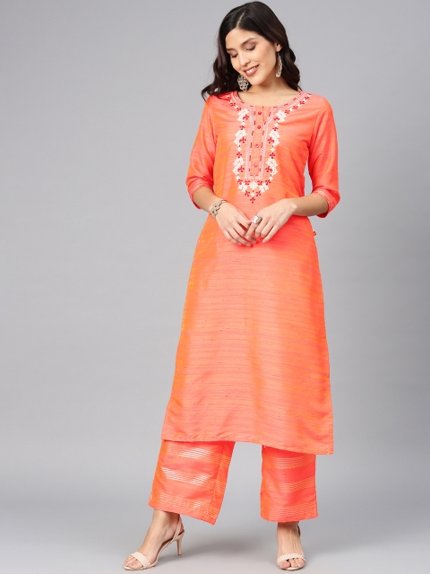 

Alena Women Orange Embroidered Kurta with Palazzos