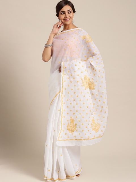 

ADA White & Yellow Handloom Chikankari Embroidered Sustainable Saree