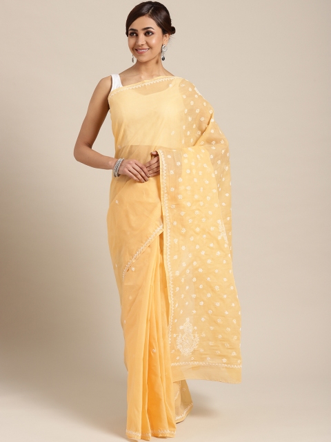 

ADA Yellow & White Handloom Chikankari Embroidered Sustainable Saree
