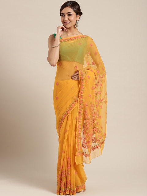 

ADA Mustard Yellow & Pink Chikankari Embroidered Saree