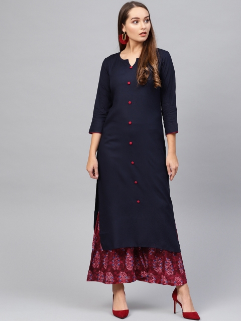 

Yufta Women Navy Blue & Maroon Solid Kurta with Sharara