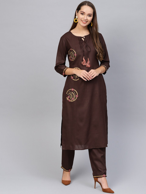 

Yufta Women Brown Embroidered Kurta with Trousers