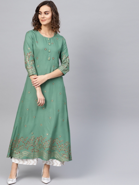 

Yufta Women Green & Golden Foil Printed A-Line Kurta