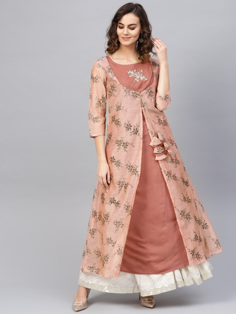 

Yufta Women Peach-Coloured & Black Floral Foil Print Layered A-Line Kurta