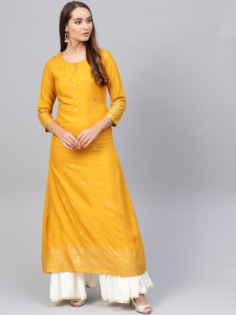 

Yufta Women Mustard Yellow & Golden Printed A-Line Kurta
