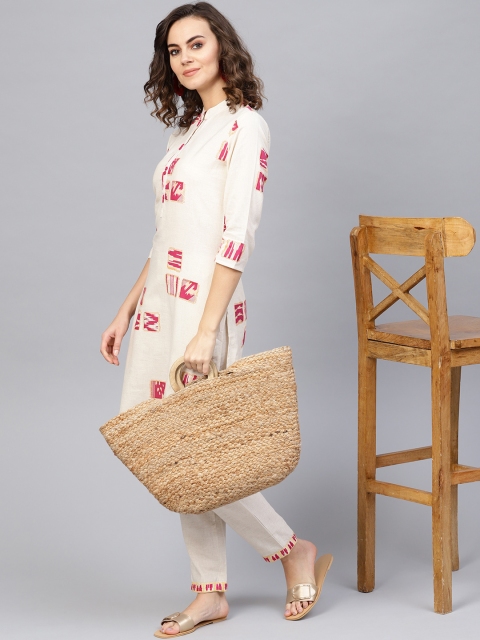 

Yufta Women Off-White & Pink Printed Kurta with Trousers