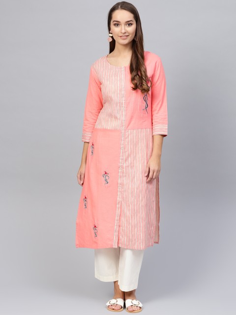 

Yufta Women Pink & Off-White Striped Straight Kurta