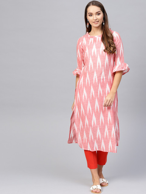 

Yufta Women Peach-Coloured & White Handloom Ikkat Print Straight Kurta