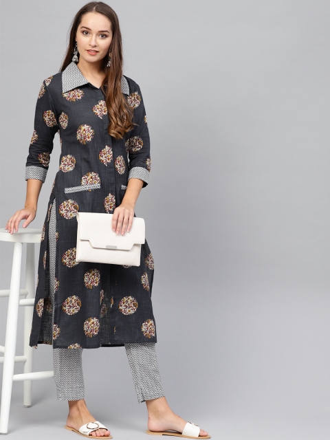 

Yufta Women Navy Blue & White Printed Kurta with Trousers