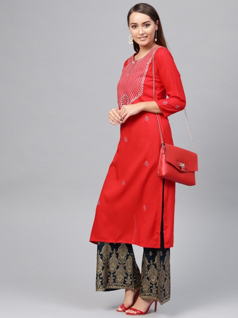 

Yufta Women Red & Navy Blue Embroidered Kurta with Palazzos