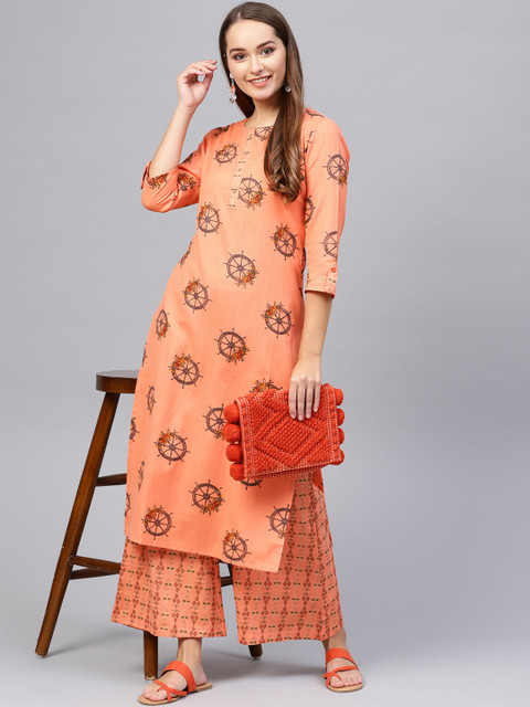 

Yufta Women Orange & Brown Printed Kurta with Palazzos