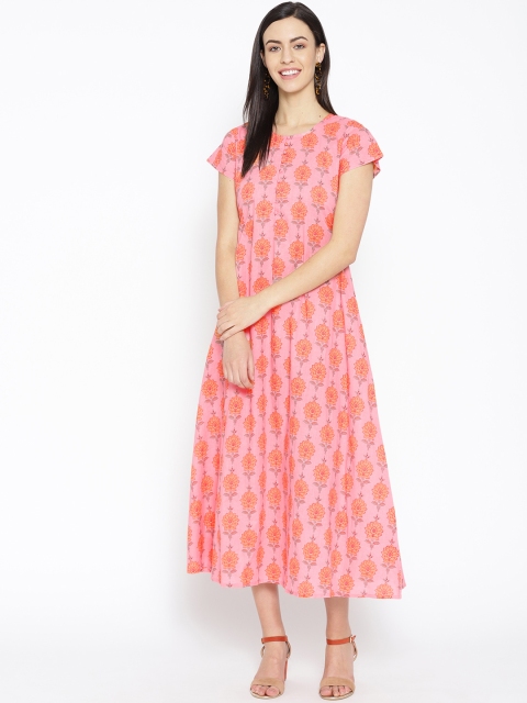 

Sringam Women Pink & Orange Floral Print Maxi Dress