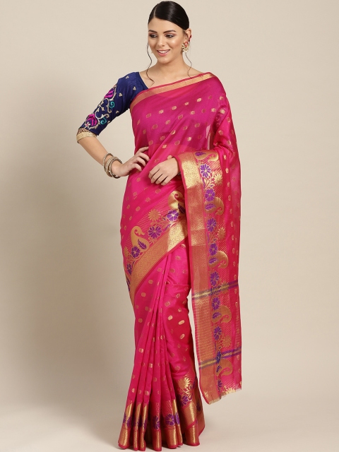 

Chhabra 555 Pink & Golden Silk Cotton Woven Design Chanderi Saree