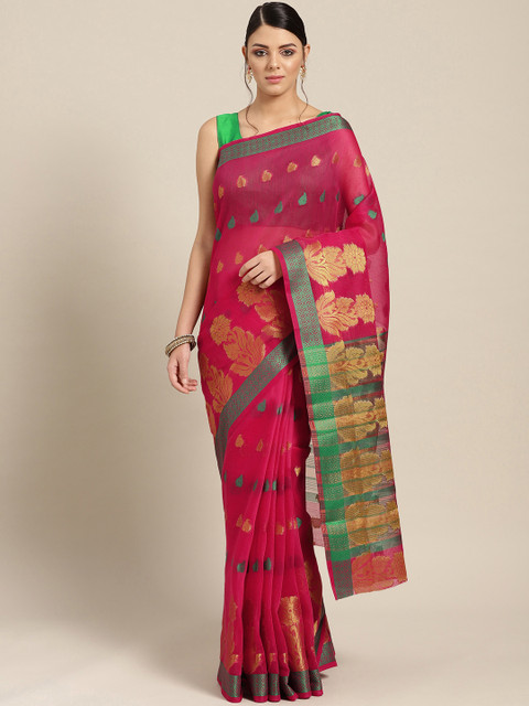 

Chhabra 555 Pink & Green Zari & Resham Detail Woven Design Chanderi Saree