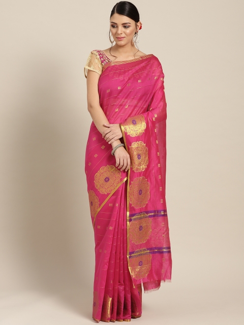 

Chhabra 555 Pink & Golden Zari & Meenakari Woven Design Chanderi Saree