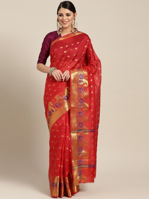 

Chhabra 555 Red & Golden Zari & Meenakari Woven Design Chanderi Saree