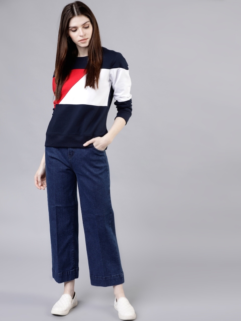 

Tokyo Talkies Women Navy Blue & Red Colourblocked Sweatshirt
