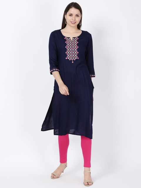 

Soch Women Navy Blue & Pink Yoke Design Straight Kurta