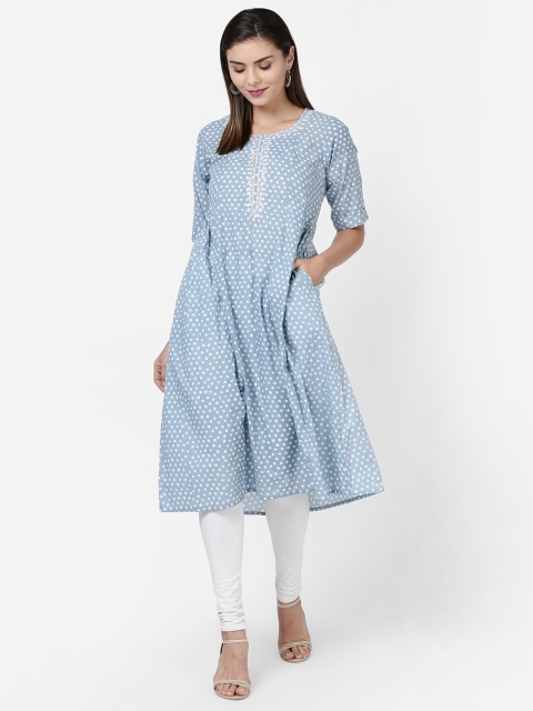 

Soch Women Blue & White Printed Pure Cotton A-Line Kurta