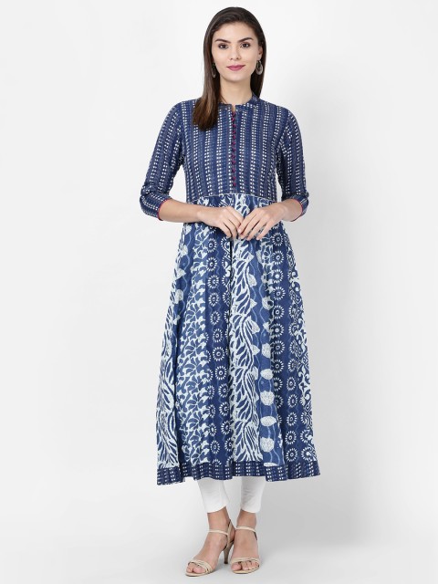 

Soch Women Blue & White Printed Pure Cotton Straight Kurta