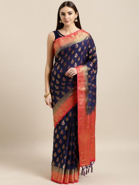 

Mitera Navy Blue & Pink Silk Blend Woven Design Banarasi Saree