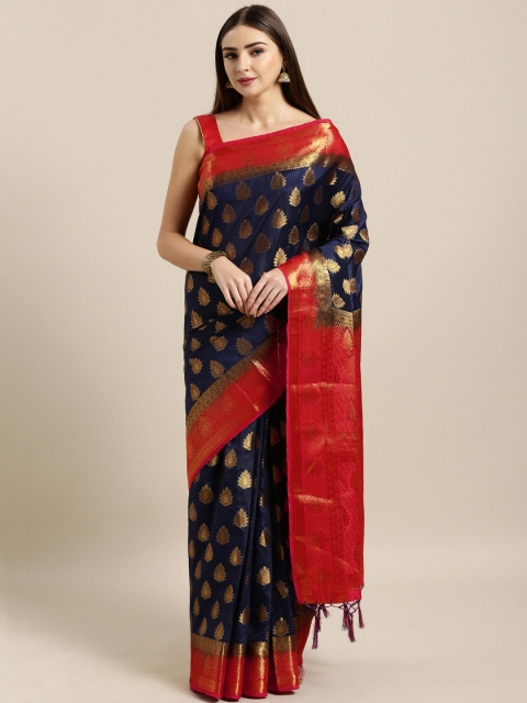 

Mitera Navy Blue & Golden Silk Blend Woven Design Banarasi Saree Witrh Zari Border