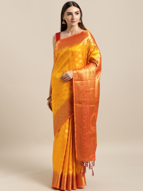 

Mitera Yellow & Orange Silk Blend Woven Design Banarasi Saree