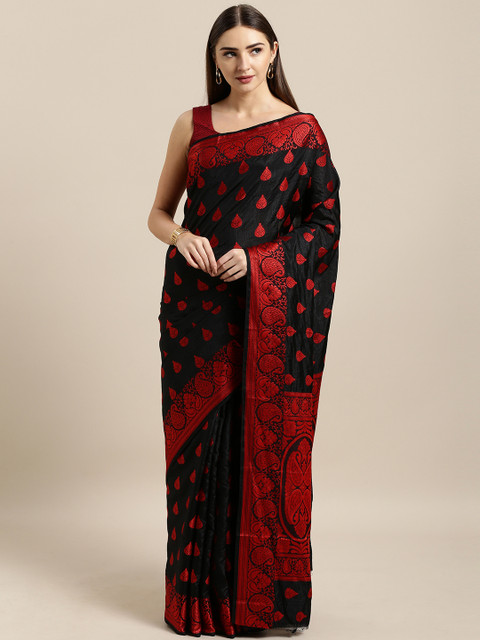 

Mitera Black & Red Silk Blend Woven Design Banarasi Saree